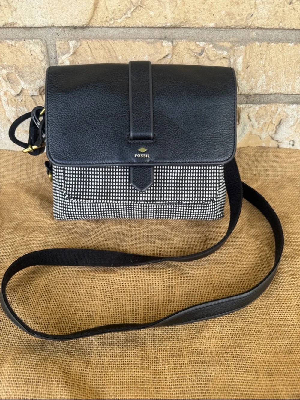 Fossil Black Leather Crossbody with Black & White Pattern NWOT